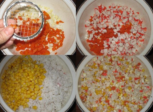 Потребуется для приготовления крабового салата с кукурузой , рисом и крабовыми палочками :