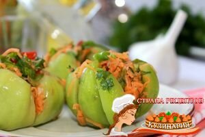 Фаршированные зеленые помидоры, рецепт маринованных зеленх помидоров фаршированных чесноком и овощами