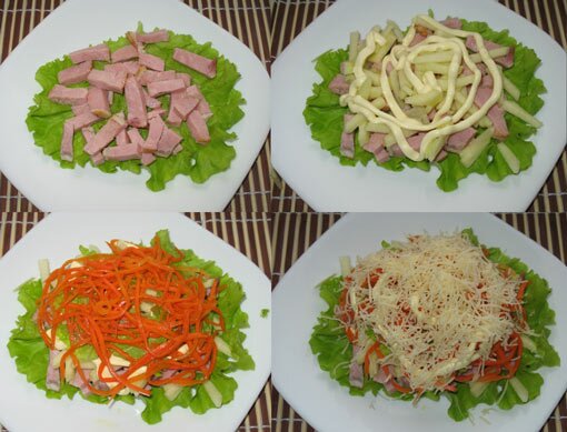 Рецепт приготовления салата с ветчиной и корейской морковкой 
